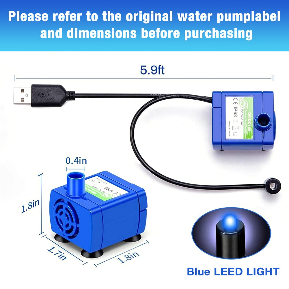 Qpets Silent Pet Water Fountain Pump, Upgraded USB Air Pumps with LED Indicator Light Automatic Power Outage After Water Shortage, 5V Water Fountain Pump Replacement, 160L/h Max