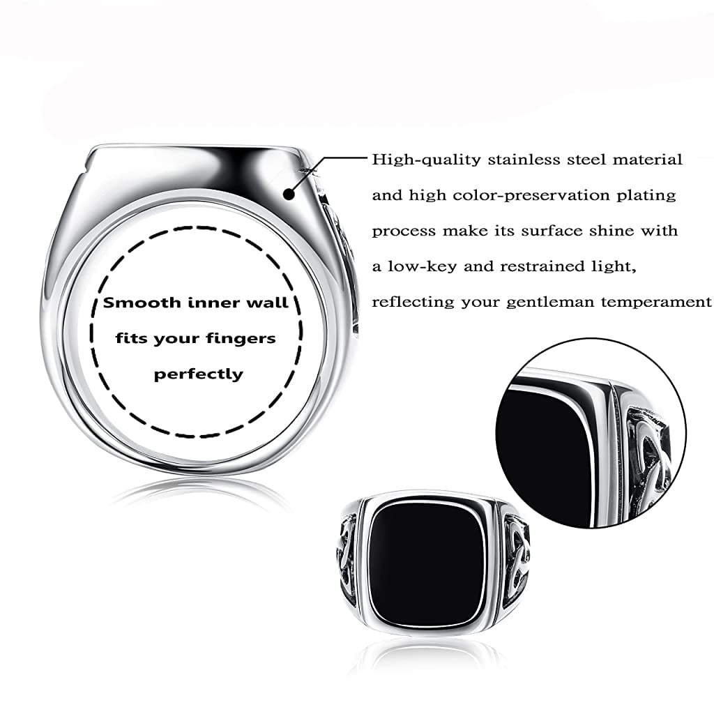 SANNIDHI Titanium Steel Ring for Men with Gift Box,Vintage Carving Pattern Rings Wide Signet Ring Silver,Diameter 18.1(No.8)