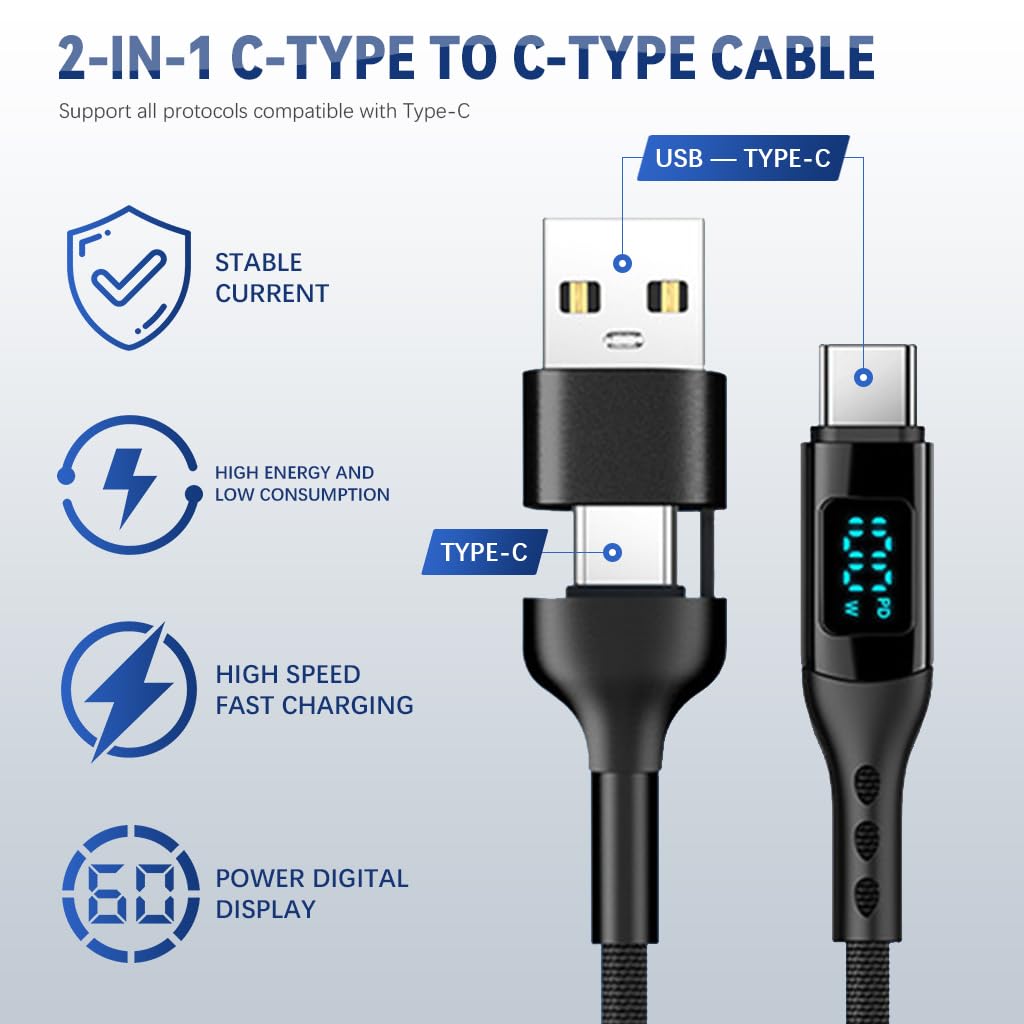 Verilux 2 in 1 Type C to Type C Cable, PD 100W Fast Charging & Data, 3.9Ft USB A/USB C to USB C Nylon Braided Cable, 480Mbps Data Cable with LED Display for iPhone 15, Galaxy /S23, iPad Air 4, Laptop