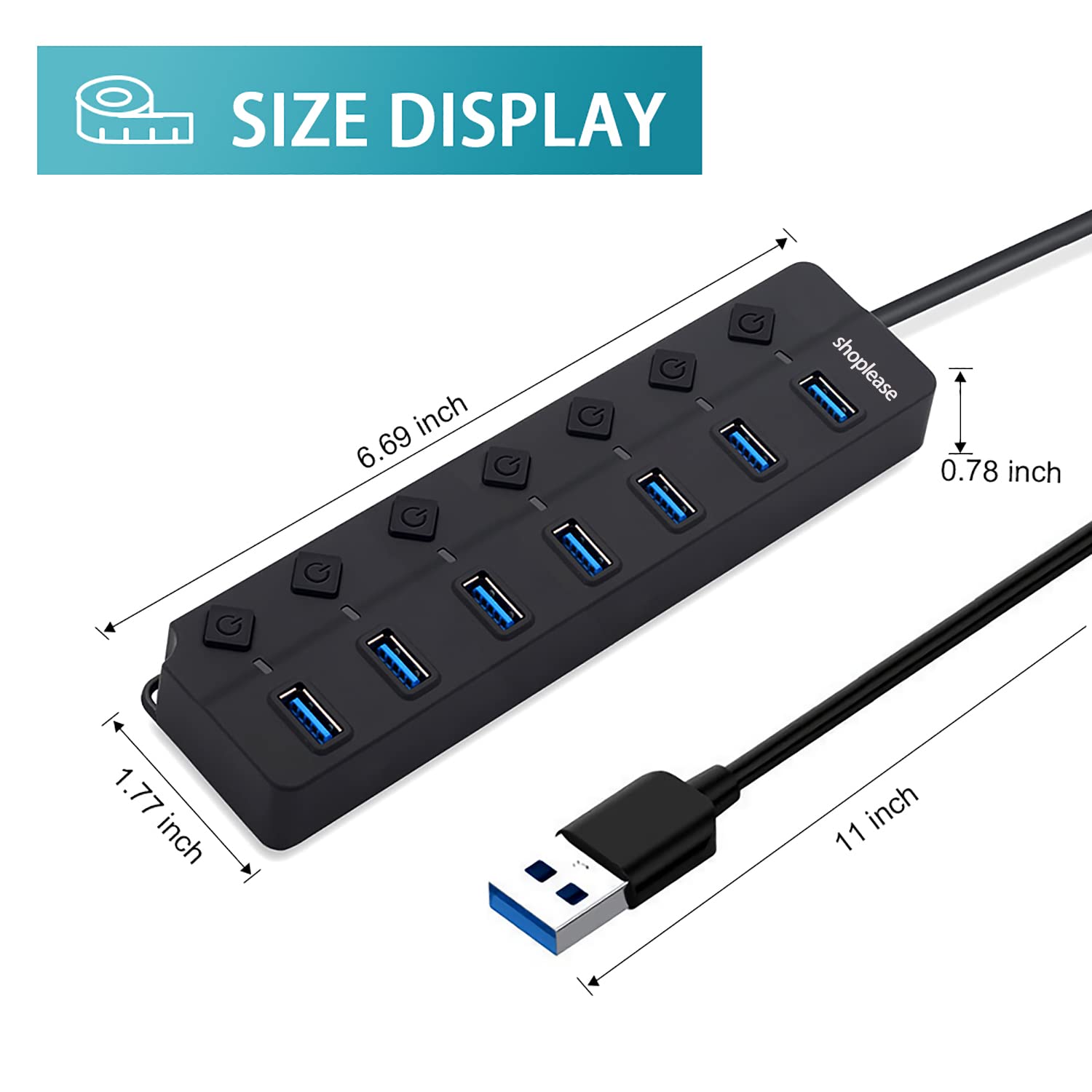 ZIBUYU USB Hub 7in1 All 3.0 Ports for PC Desktop Laptop USB Hub Individual Switch Control USB Extender for Laptop USB Hub for USB Flash Disk, Keyboard, Wired Mouse, Bluetooth Mouse, Plug and Play