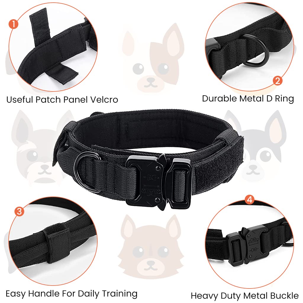 Qpets Dog Collar Adjustable Nylon Tactical Dog Collar with Strap Handle Dogs Training Collar Quick Release Metal Buckle for Small Medium Large Dogs(Black,XL,19.6''-23.2''/50-59cm)