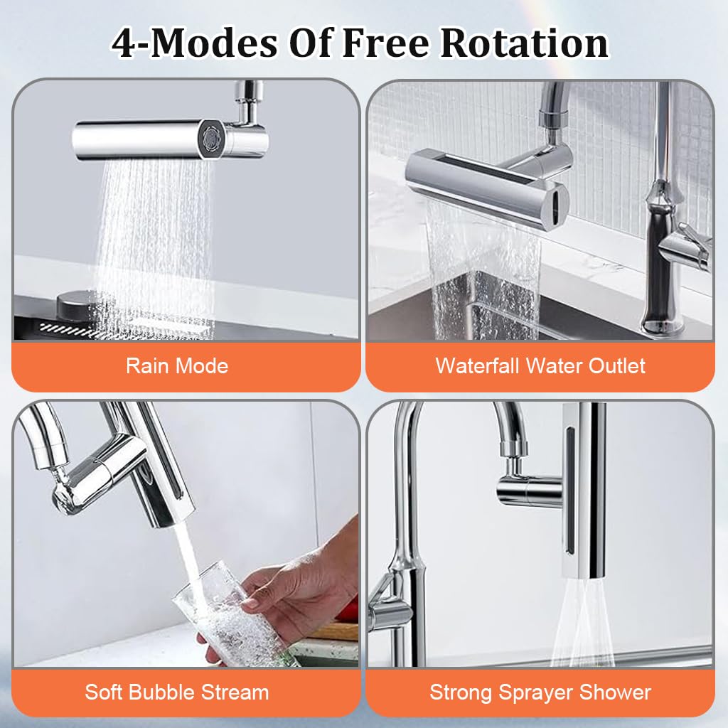 HASTHIP Kitchen Faucet 360° Swivel 4 in 1 Waterfall Kitchen Faucet Plating Kitchen Sink Faucet Extender Splash-Proof Faucet Universal Waterfall Kitchen Faucet with Installation Kit