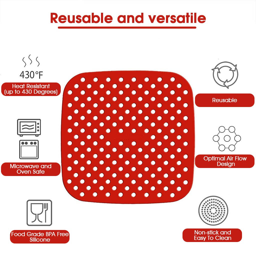 HASTHIP 2Pcs Air Fryer Liners, 8.5 Inch Air Fryer Silicone Baking Tray, Air Fryer Accessories, Non-Stick Air Fryers Basket Oven Accessories, Square Air Fryer Oven Pads (1 Red + 1 Black)