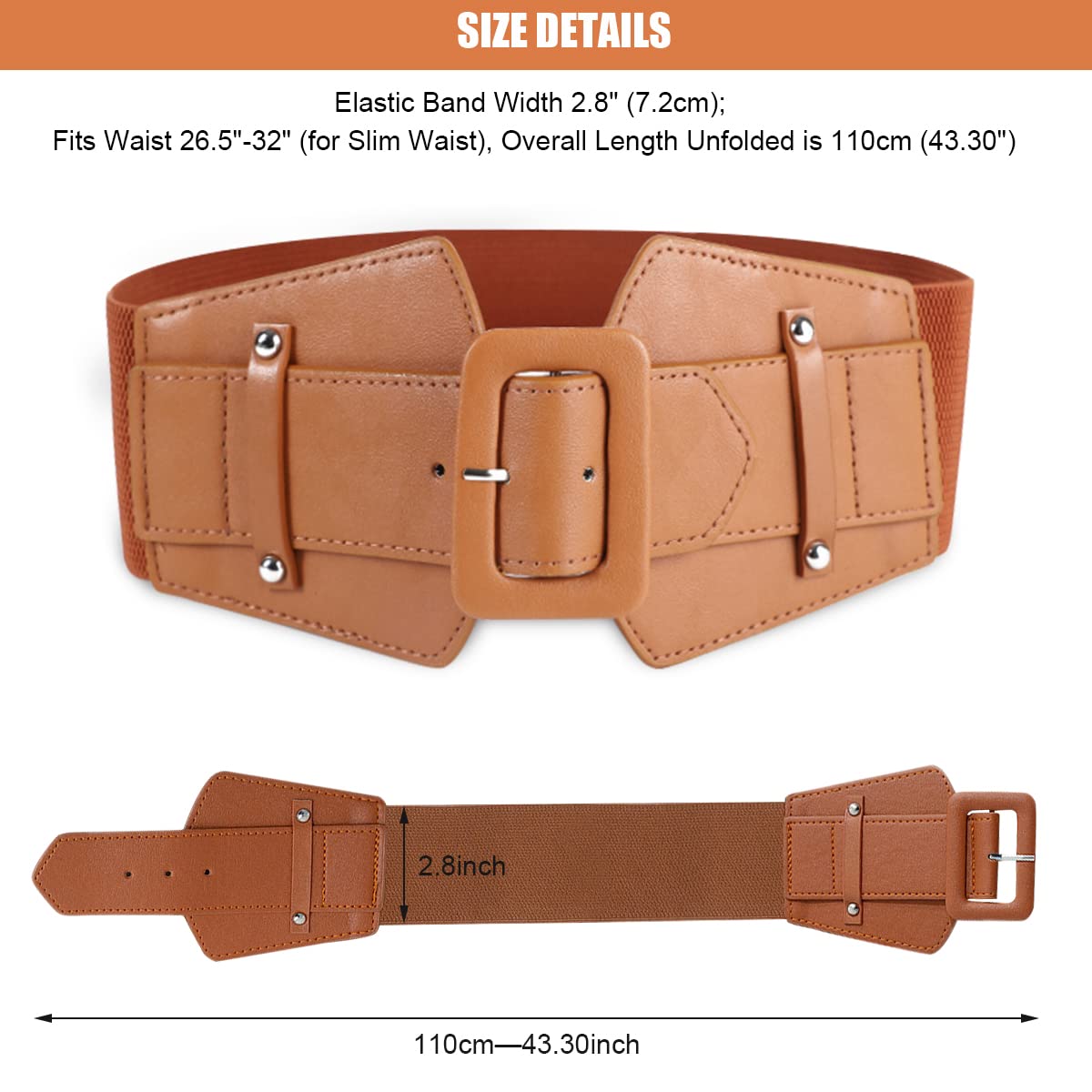 GUSTAVE Brown Women Belt for Dresses, Fancy and Stylish Belt for Women, Premium PU Elastic Waist Belts with Wide Buckle, Size 23 to 33 inches