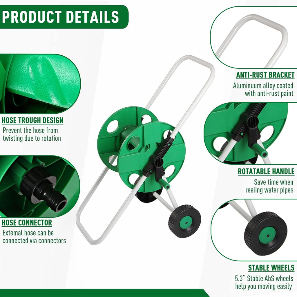 HASTHIP Hose Reel for Garden Hose with Wheel and Pipe Connector, Labor Saving Hose Reel Hose Holder Gardening, Landscaping, Car Washing, Maximum Length 50m