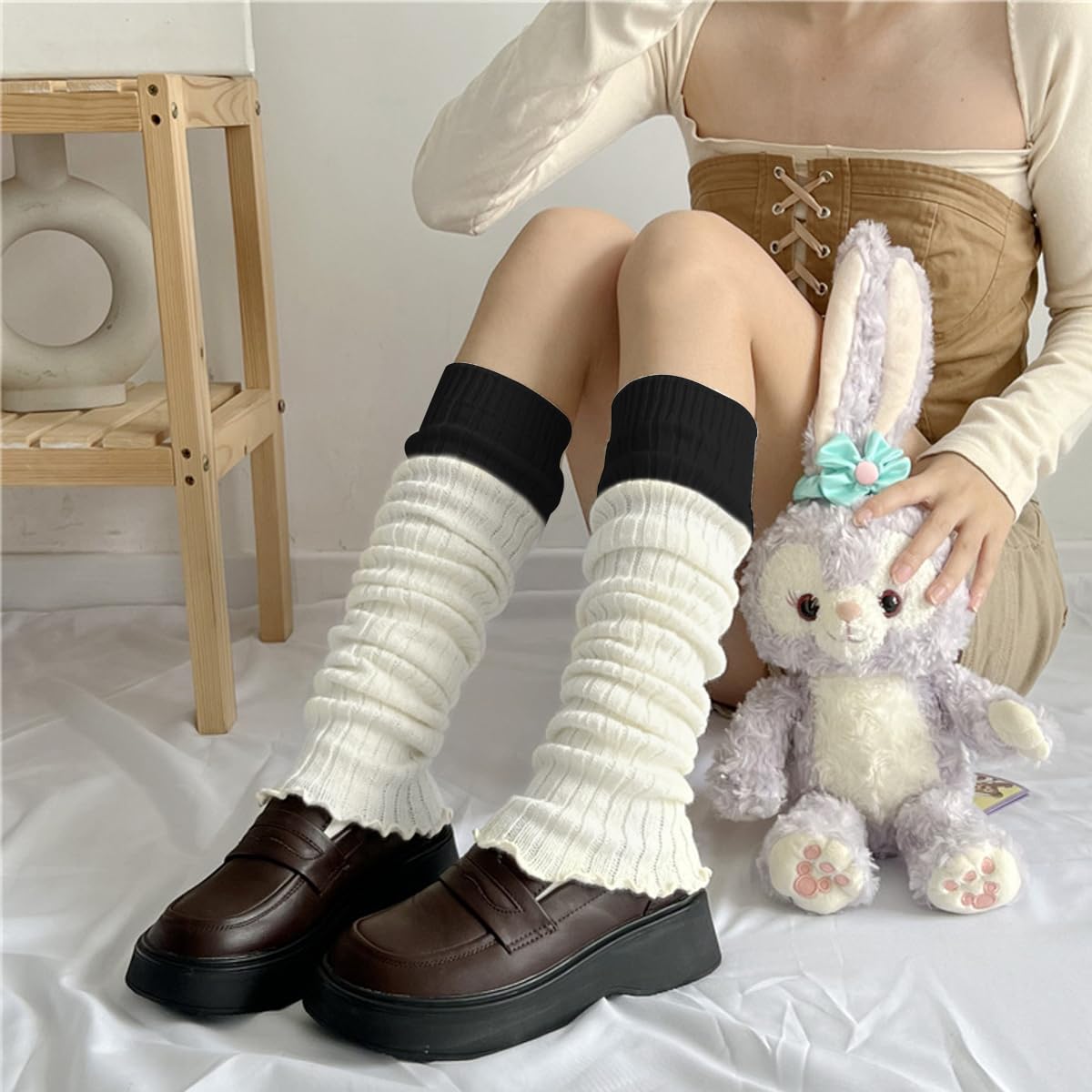 PALAY Leg Warmers for Women Girls Fashion Ribbed Knit Calf Length Stocking Two-Tone Stitching Long Boot Socks for Ballet Dance Figure Skating Yoga Party Junior