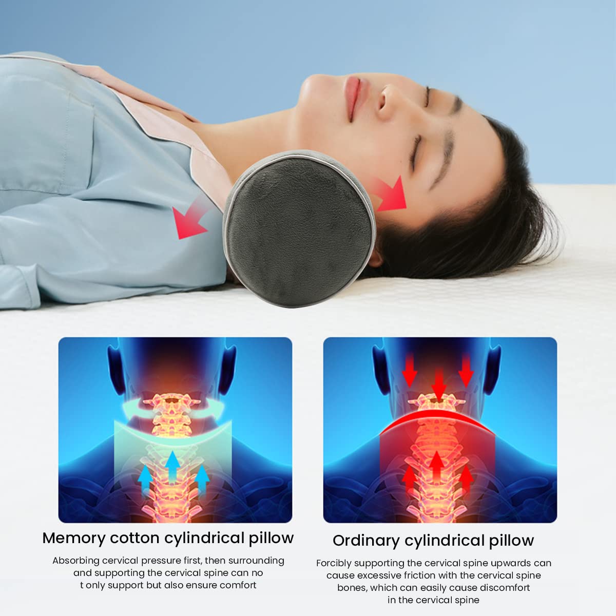 HANNEA Cervical Neck Roll Pillow, Memory Foam Pillow, Cylinder Round Pillow, Pain Relief Neck Pillows for Sleeping Support, Removable Washable Cover
