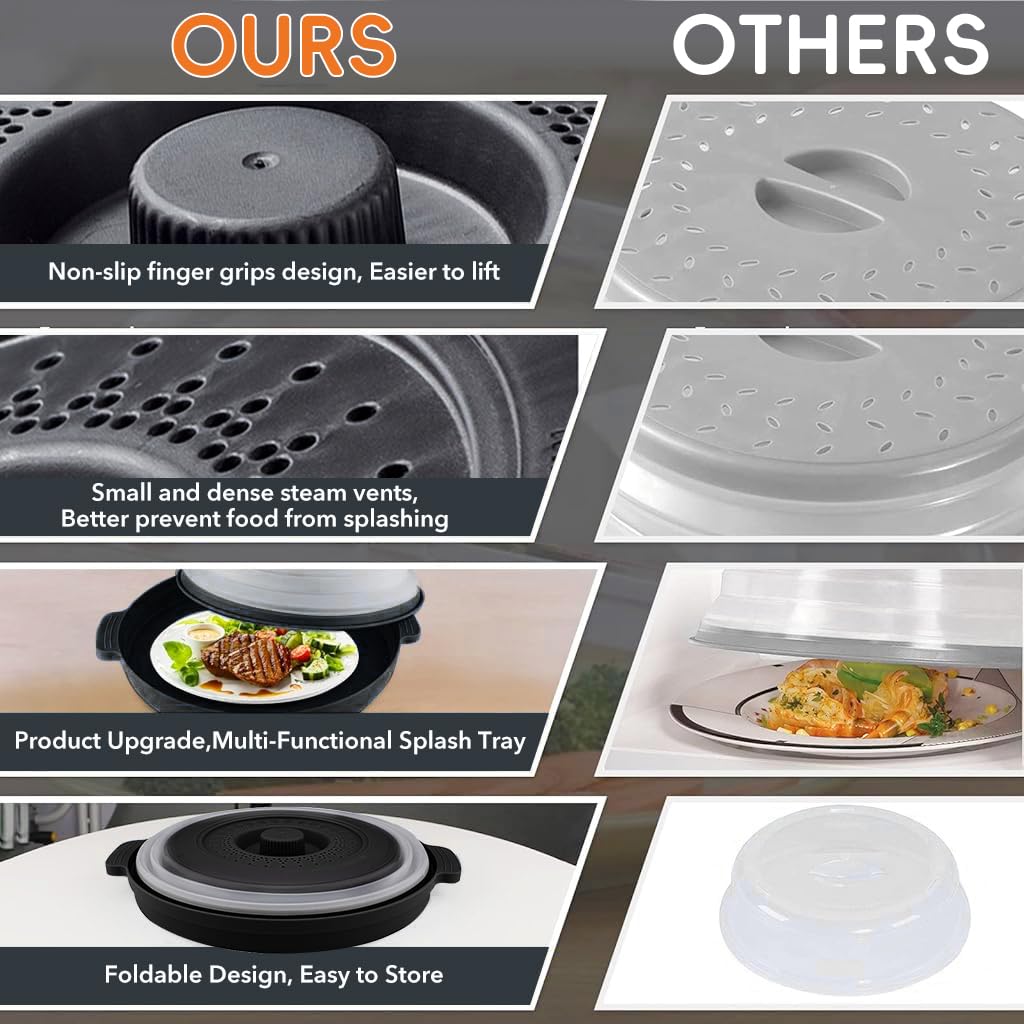 HASTHIP 10.6 inch Microwave Plate Cover, Collapsible Food Plate Lid with Top Steam Vent and Gripper, Strainer for Fruit, Microwave Lid Food Splatter Cover, BPA Free, Microwave Safe Material (Black)