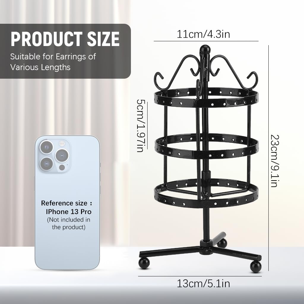 MAYCREATE Hoop Earrings Organizer for Women, 3 Tier Rotating Earring Organizer Box Storage Rack, Iron Art Earrings Holder for Over 50 Pairs, Display Stand for Dangle, Hoops Earings (Black)