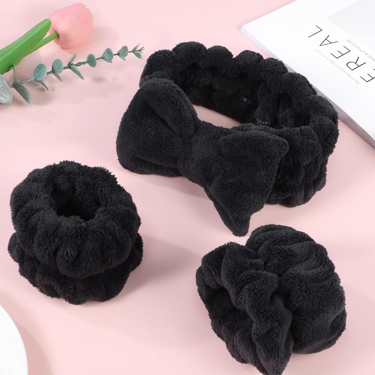 MAYCREATE Facial Headband for Women Skincare Spa Headband & Wrist Bands 3pcs Combo, Large Bow Face Wash Band Hairband, Flannel Hair Band for Makeup Sweat Wristband for Yoga, Fitness - Black
