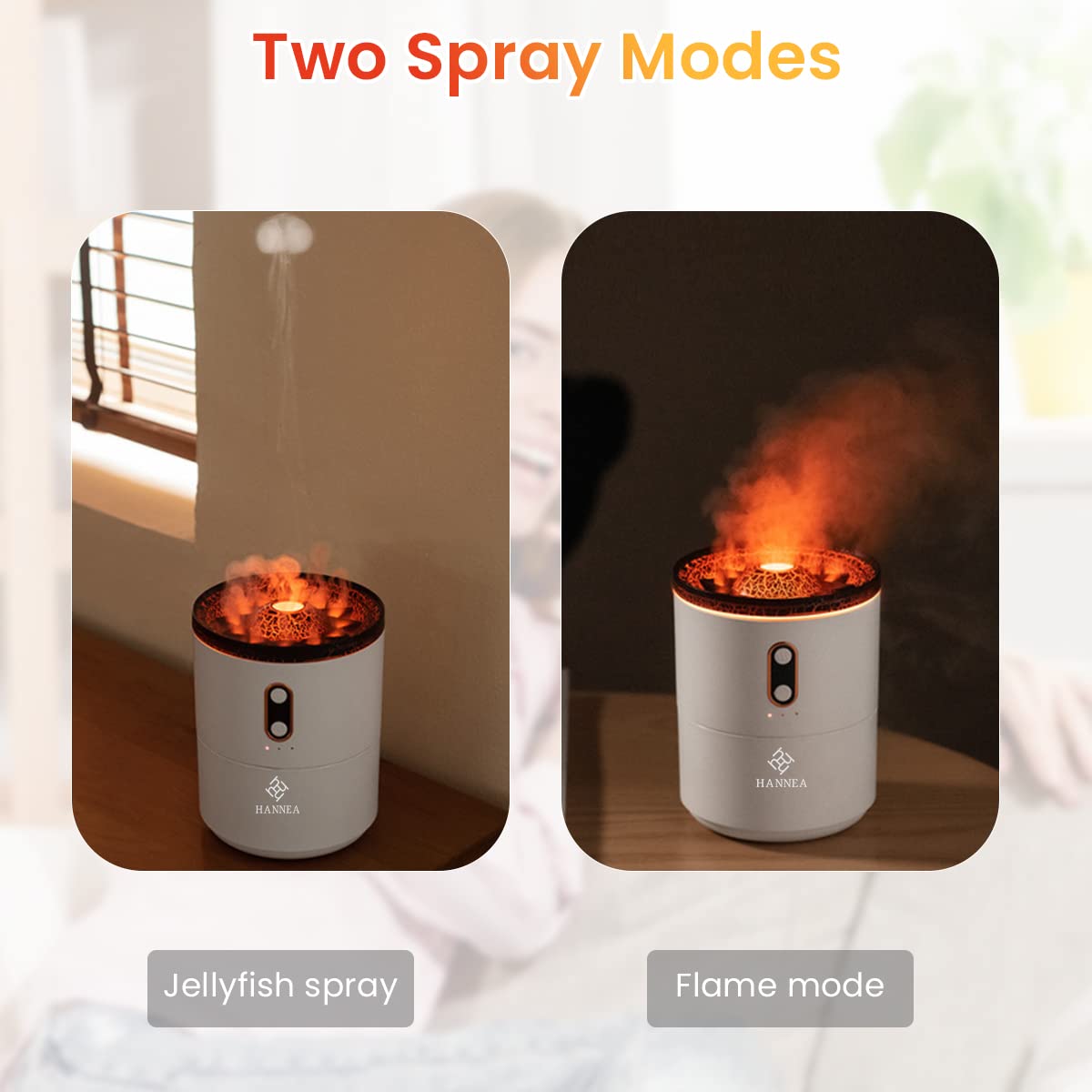 HANNEA Humidifier for Room Moisture 450ML Jellyfish Volcano Warm & Cool Mist Flame Lighting Effect Aroma Diffuser for Home Fragrance Essential Diffuser 24dB Silent Humidifier 2/4/6 Hours Timer