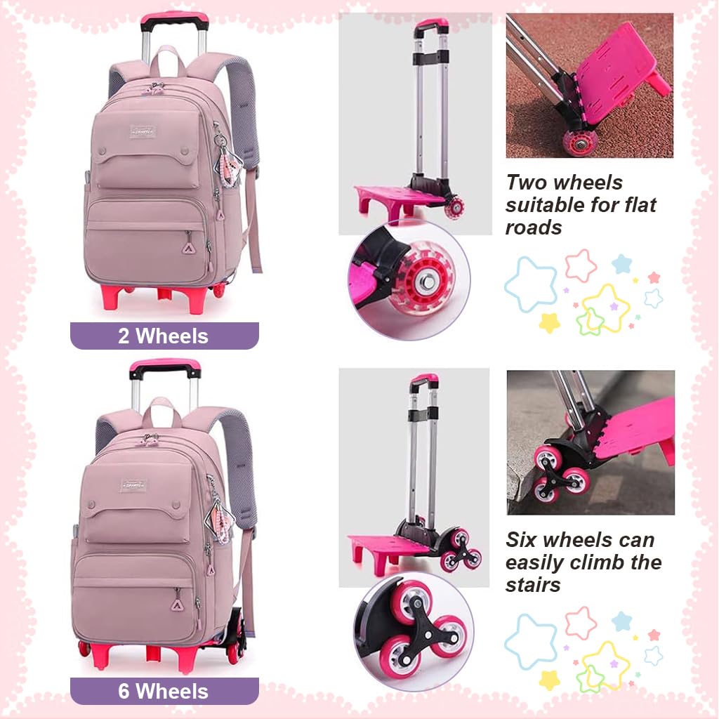 PALAY School Backpack on Wheel Travel Backpack on Wheel with Retractable Pull Handle Girls School Backpack Detachable Wheel Stand with Puller Fashion Large School Bag for Primary Gift School Backpack