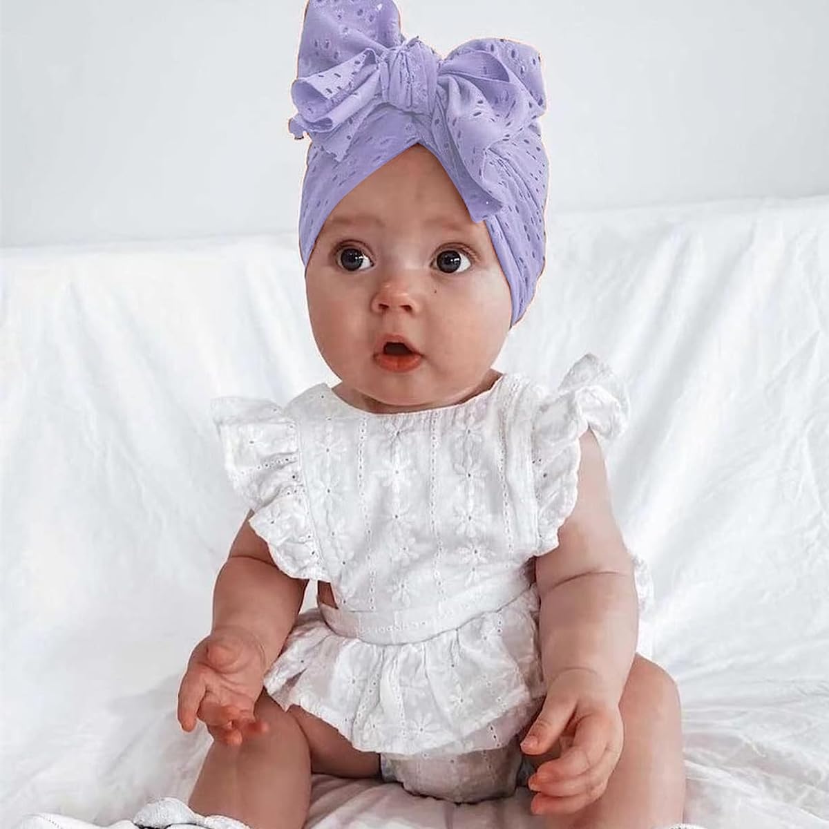 PALAY 3 Pack Turban Cap for Baby Girl, Soft Stretchy Newborns Hat, Knotted Big Bow Headband for Baby 3-18 Months, Cute Breathable Infant Headwrap Shower Gift