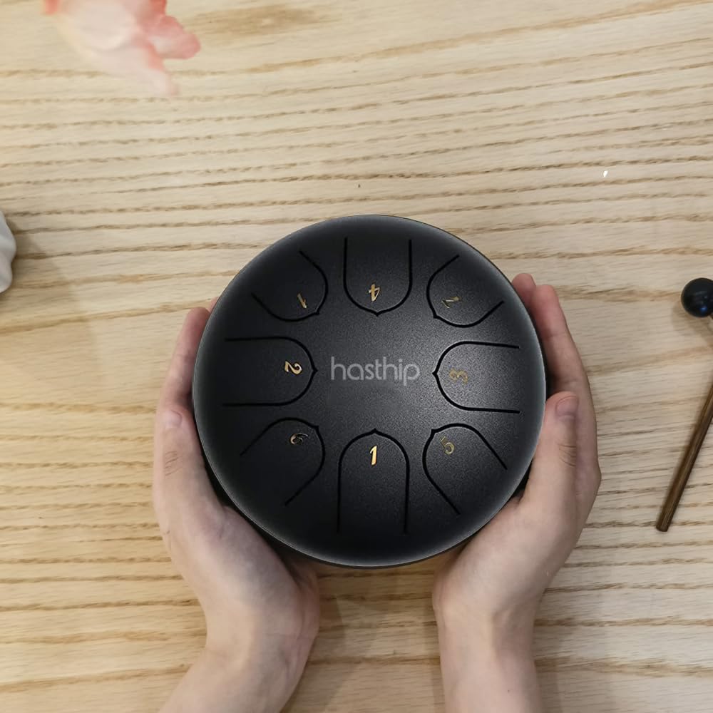 HASTHIP Steel Tongue Drum 8 Note, 6 inch Percussion Instrument Handpan Drum with Bag, Music Book and Mallets for Kids and Adults Meditation Musical Education Concert Mind Healing Yoga (Black)