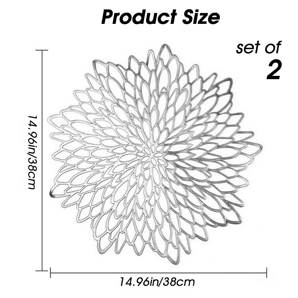 HASTHIP PVC Table Mat, Placemats Sets of 2, 15'' Round Leaf Place Mats, Cutwork Design Dining Table Mats, Washable Heat Resistant Vinyl Table Mats for Morden Kitchen Dining Table Wedding (Silver)