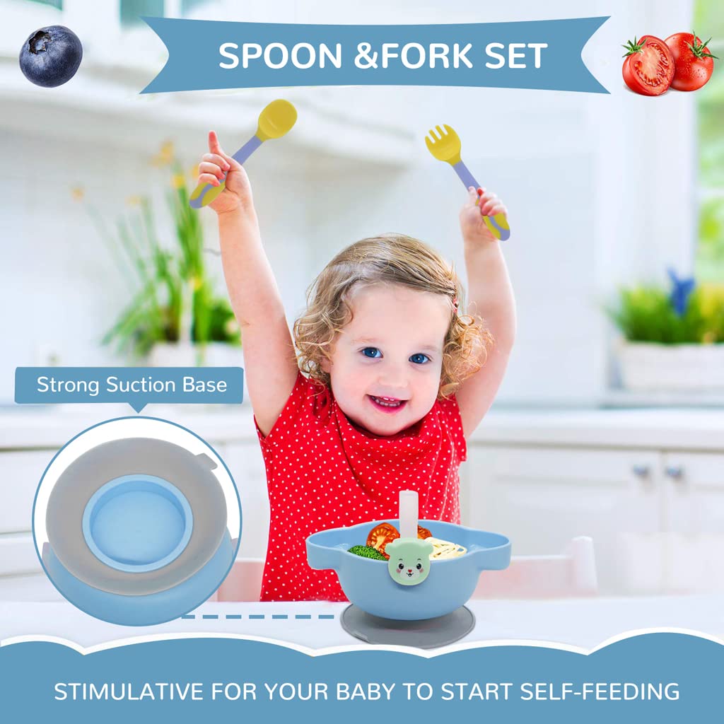 ELEPHANTBOAT 4Pcs Baby Plates for Baby with Cover, Fork, Spoons and Straws- Suction Cup Bowl Set- Self Feeding for Toddler -Training Dinnerware, Dishwasher & Microwave Safe, BPA Free