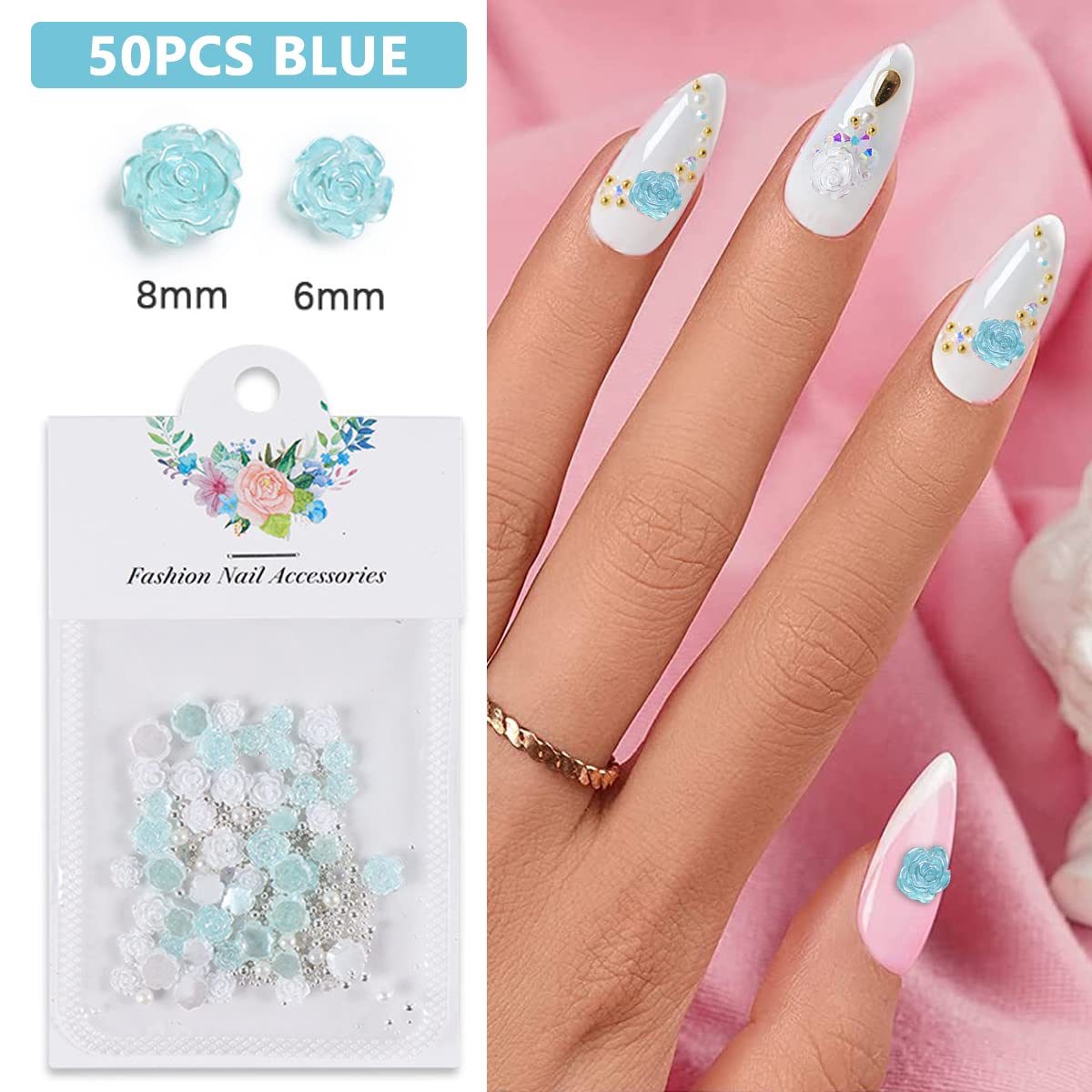 MAYCREATE 200pcs 3D Flower Nail Charms Flat Design, Acrylic Flower Decals for Nail Art, Mix Pearls Nail Art Accessories for DIY Manicure, Set of 4