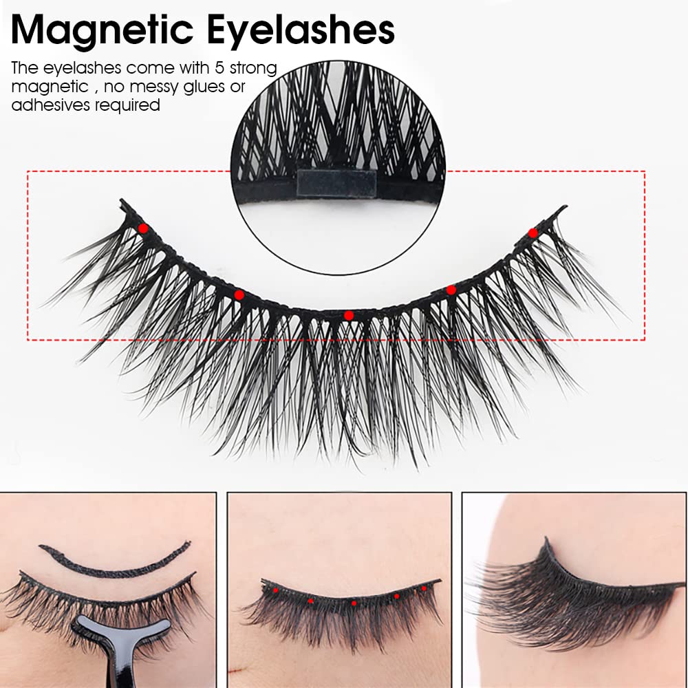 MAYCREATE Magnetic False Eyelash and Eyeliner Kit, 3D Faux Eye Lashes Natural Reusable Lashes, with One Application Tweezer Set No Glue Needed Eyelashes Kit Tools (3 Pairs)