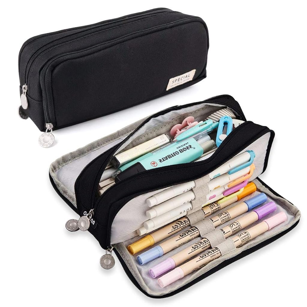 Climberty Large Capacity Pencil Case, 3 Compartment Pouch Pen Bag with 8 Elastic Pen Sleeves, 3 Zipper Portable Storage Pencil Pouch for School Teen Girl Boy Men Women (Black)