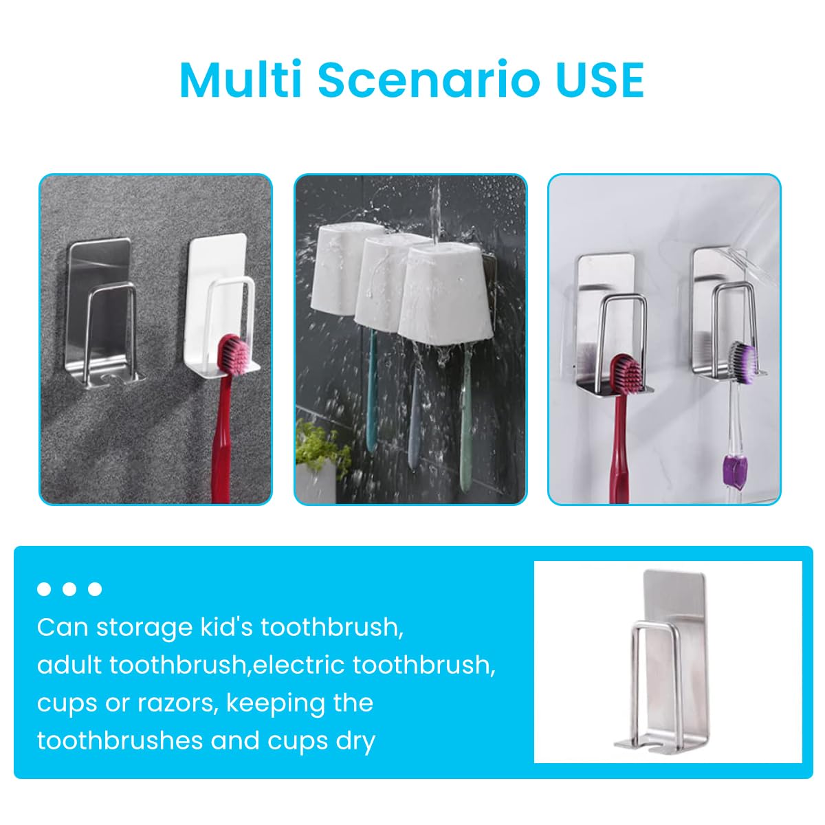 Serplex 4Pcs Bathroom Toothbrush Cup Holders 2 in 1 Bathoom Stainless Steel Cup Holder Toothbrush Rack Self Adhesive Toothbrush Cup Drain Rack