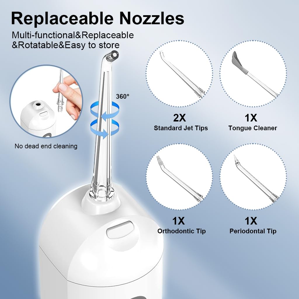 HANNEA Dental Flosser for Teeth Cleaner, Cordless Water Oral Irrigator 4 Cleaning Mode with 5 Jet Tips Water Dental Floss IPX7 Powerful battery for Teeth Cleaning Braces, Home, Travel