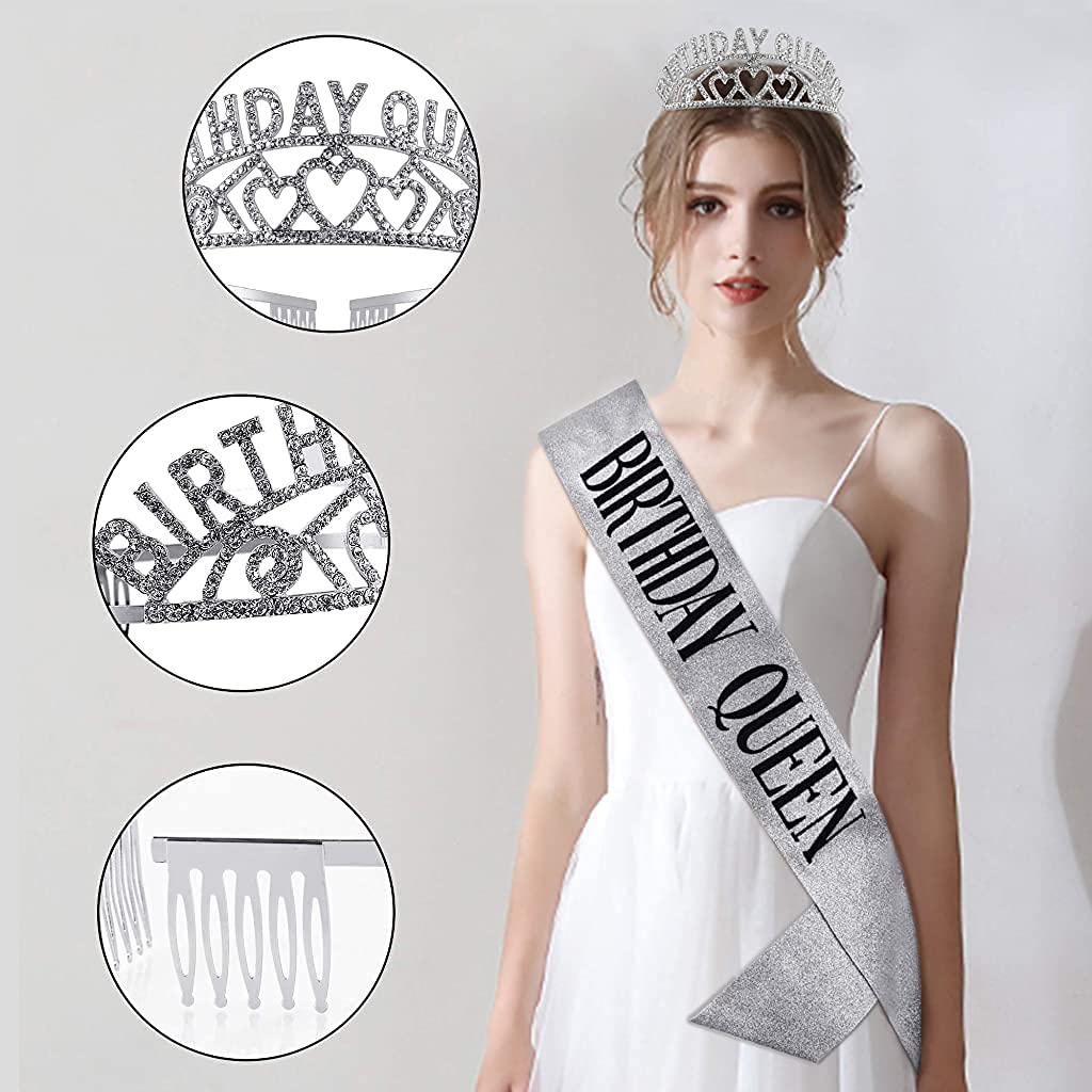 HASTHIP Silver Crystal Tiara Headband Princess Elegant Crown with Sash Sets for Women,Girls Bridal,Wedding,Prom & Birthday Party