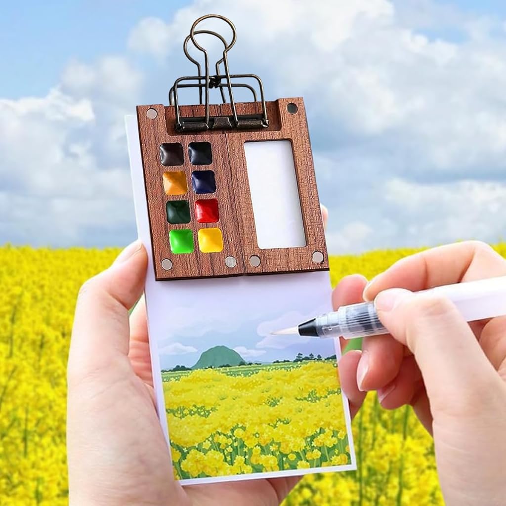 HASTHIP Pocket Watercolor Acrylic Painting Book 12-Color Acrylic Paints Set with 2.36 inches Mini Acrylic 8-Grid Palette & Brush Pen Travel Sketching Painting Kit Christmas Gift for Kids