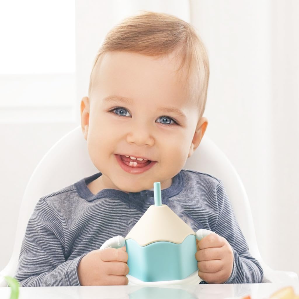 SNOWIE SOFT Silicone Cup for Baby Portable Silicone Training Cup with Ears Baby Cup with 2 Lids, Soft Silicone Straw Bottle for Kids, BPA-Free, Spill Proof Non-Slip Sippy Cup for Toddlers