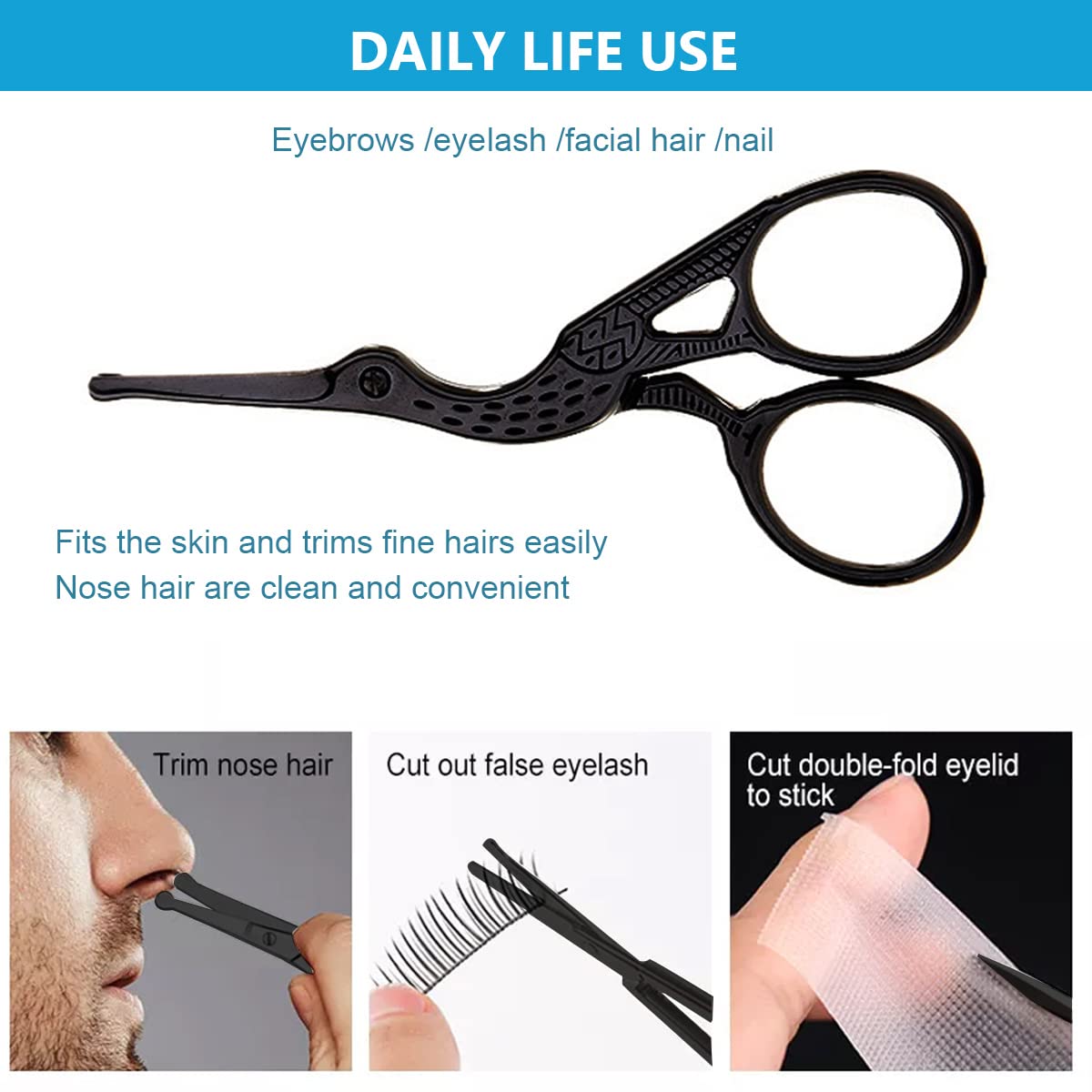 HASTHIP Black Safety Blunt Tip Creative Carved Crane, Small Beard Scissors & Nose Hair Trimmer Kit with Storage Box for Men, Women, Eyebrow, Facial Hair, Moustache