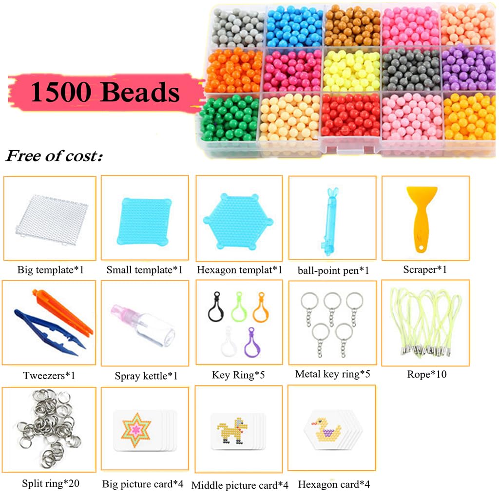PATPAT Magic Water Fuse Beads For Kids Craft Kit, 15 Colors 1500 Beads Pegboard Puzzles Set, Creative DIY Water Sticky Beads Complete Set for Beginners Children Art Toys Gifts,Crystal, Beige