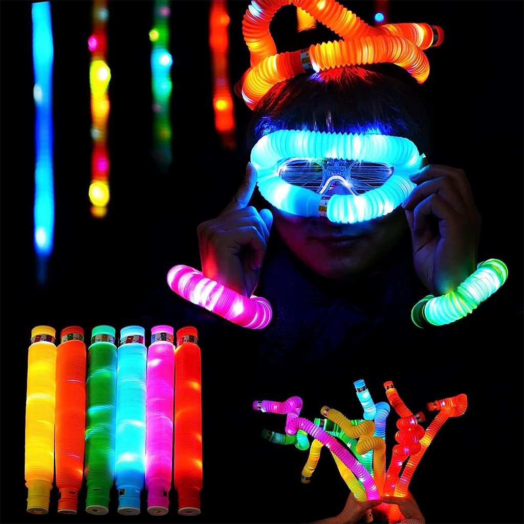 PATPAT 6Pcs LED Flashing Pop Tube Sensory Toys for Kids, Pull and Pop Tubes Fidget Toy, Color Glow Fidget Toy Adults Stretch and Bend Anxiety Stress ADHD Autism Relief Toys, Party Favors