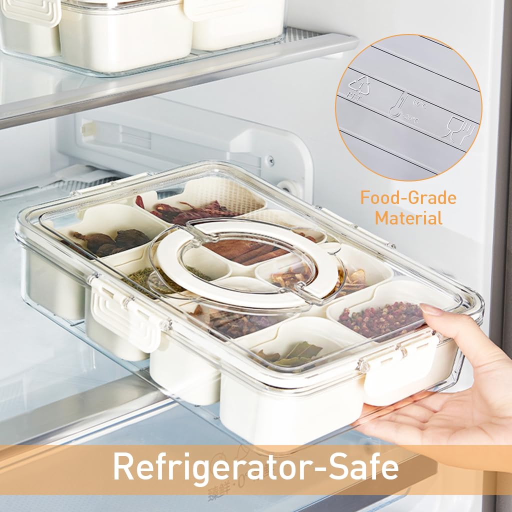 HASTHIP Kitchen Seasoning Powder Box Divided 8 Compartments Storage Box with Lid & Handle Transparent Seasoning Storage Box Food Grade PP Seasoning Powder Box Moisture-proof Kitchen Storage Box