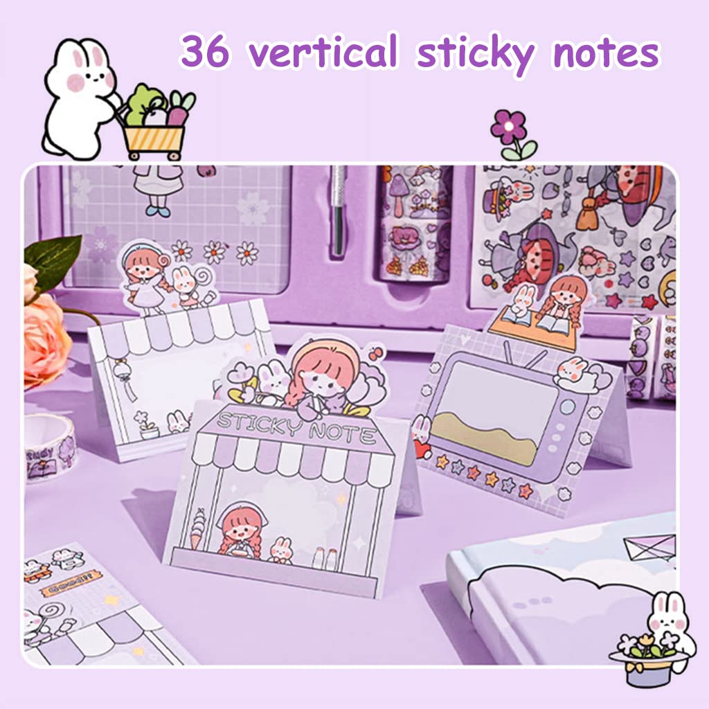 HASTHIP Cartoon Scrapbook Kit Gift Set Cute Theme Notebook Washi Tape Stickers Set Aesthetic Decorative Sticker Set for Bullet Journal, Scrapbook,Junk Journal, Paper