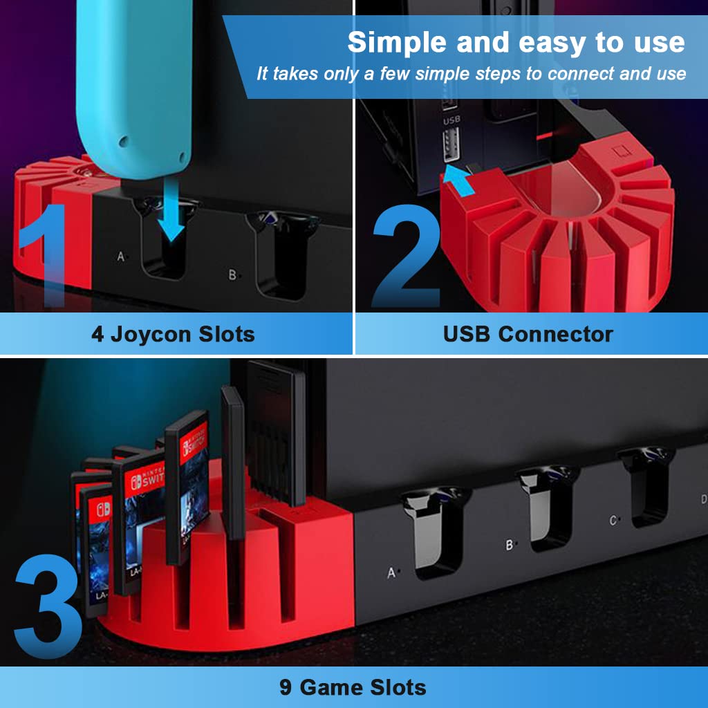 ZORBES 2 In 1 Switch Controller Charging Dock Extension For Switch&Oled Model Joycons Switch Controller Charging Dock Station With 9 Storage Slots For Switch Game Cartridges,Game Consoles,USB,Black