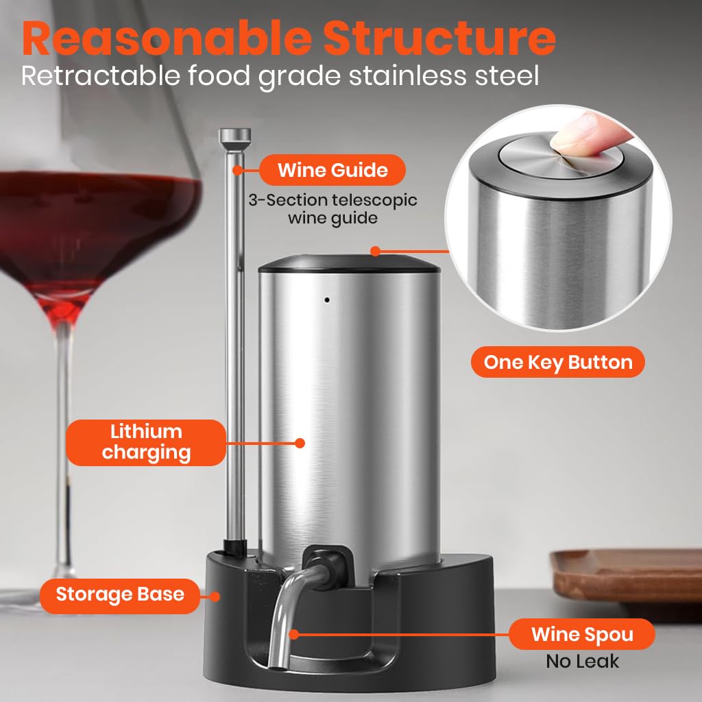 HASTHIP Electric Wine Aerator Pourer Automatic Wine Dispenser Pump with Retractable Stainless Steel Pipe & Storage Stand Base One-Touch Button Control Instant Oxidation Smart Wine Aerator Decanter