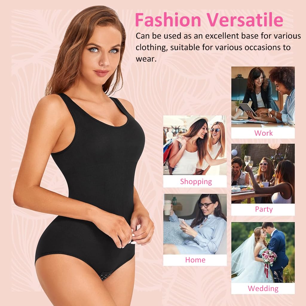 PALAY Body Shaper for Women Waist Trainer Bodysuit Tummy Control Shapewear Seamless Round Neck Tank Top Bodysuit, Beige, M-L