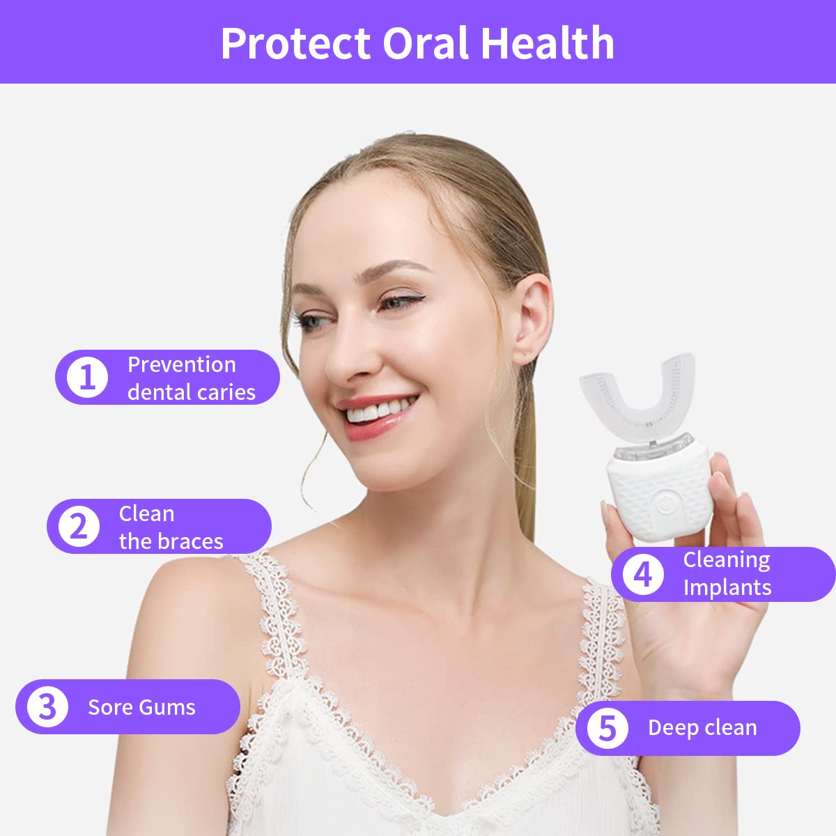 HANNEA Ultrasonic Teeth Cleaner Electric Toothbrush U Shaped Toothbrush for Adults with 3 Cleaning Modes Teeth Whitening Accelerator Electric Toothbrush, Teeth Care Cleaner USB Rechargable