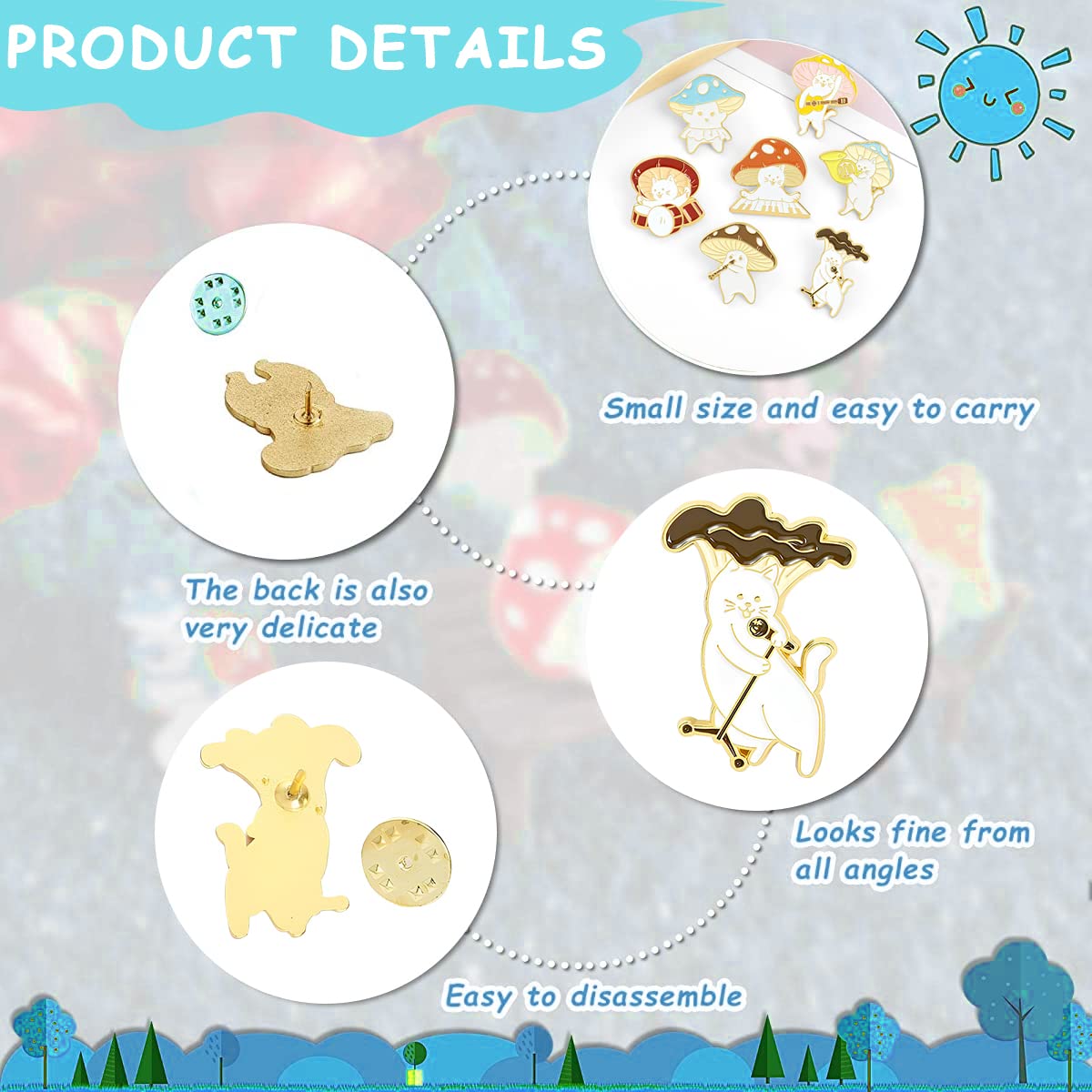 SANNIDHI 7PCS Enamel Brooch Pins Set Cute Alloy Lapel Pins Cartoon Cat Mushroom Pin Brooches Assorted Badges Pin for Clothes, Backpack, Hats, DIY Crafts