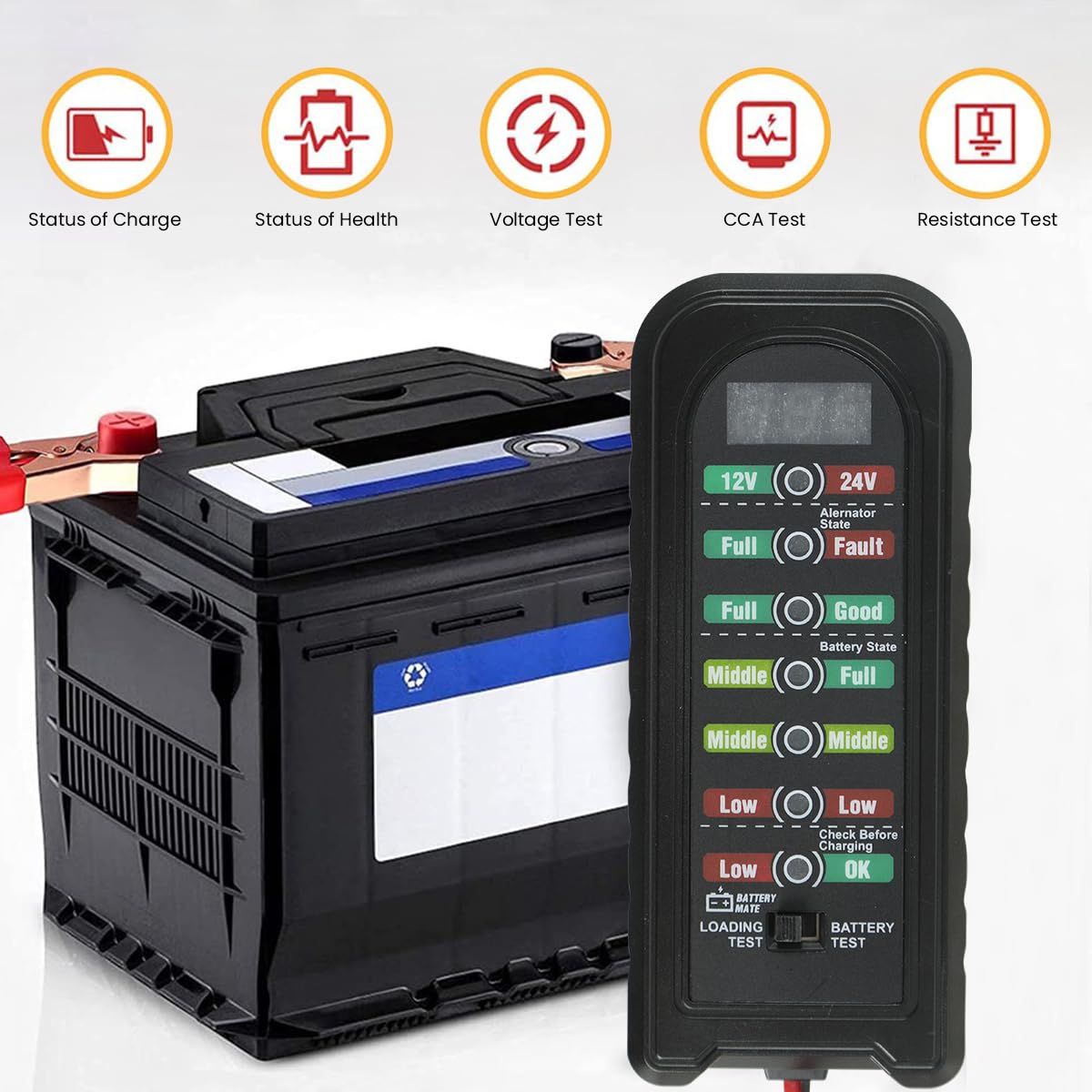 Serplex 12V/24V Car Battery Tester Generator Tester Automotive, Battery Monitor Analyzer Universal Vehicle Battery Tester with LED Indicator Car Battery Trouble Shooting Universal Battery Tester