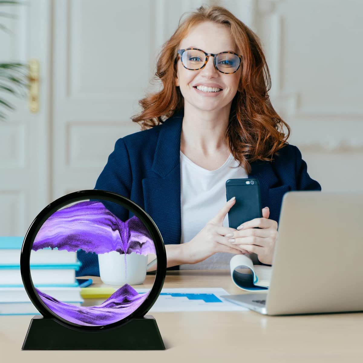 HASTHIP Moving Sand Art Picture Glass Liquid Painting, 3D Deep Sea Sandscape in Motion Display Flowing Sand Frame, Kid's Large Desktop Sand Art Toys, Relaxing Home and Office Decorations, Purple