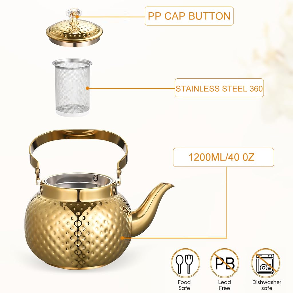 Supvox 1.2L Teapot Golden Stainless Steel Teapot with Removable Tea Infuser Luxury Golden Teapot with Lid & Handle Delicate Teapot for Loose Tea, Tea Bags