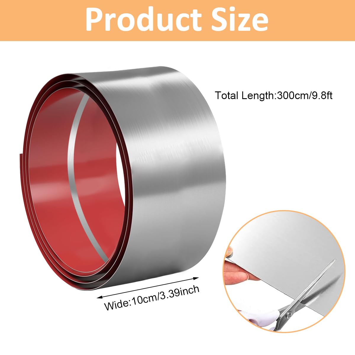 HASTHIP 9.8ft Silver Metal Trim Wall Strip, Stainless Steel Self Adhesive Peel and Stick Wall Trim Metalized Mirror-Like Finish for Wall Ceiling Floor Cabinet Tile Edge Moulding (10x300cm)