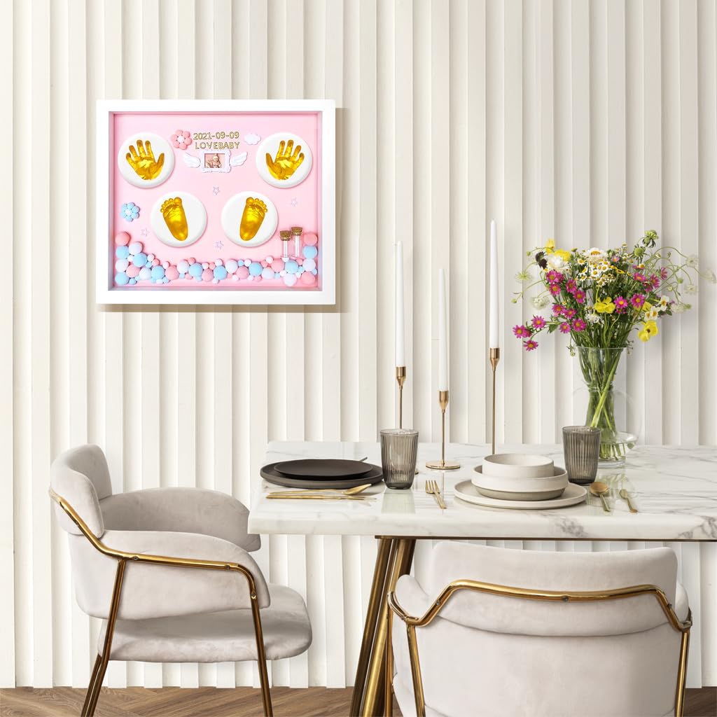 PATPAT Baby Clay Footprint & Hand Print Kit Golden Paints Baby Hand & Foot Clay Kit with Photo Frame & Accessories Newborn Handprint and Footprint Clay Kit, Baby Shower Gift for Girls (Pink)
