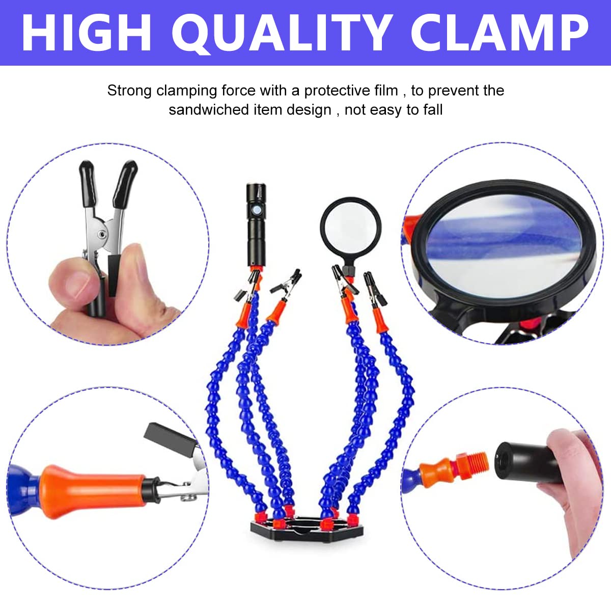 Serplex Helping Hand Soldering Third Hands Vise with 6 Flexible Arms Clip LED Flashlight Magnifying Glass Aluminum Base for Soldering, Assembly, Repair, Modeling, Hobby, Crafts, Jewelry Making (Blue)