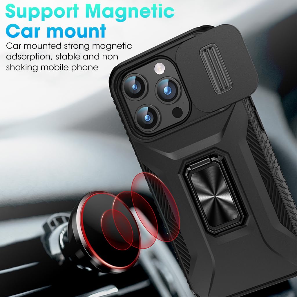ZORBES Phone Case for iPhone 15 Max Multifunctional Phone Cover with Folding Phone Ring Grip & Sliding Camera Cover, PC Anti-Scratch Phone Case for iPhone 15 Max 6.7 inch Black