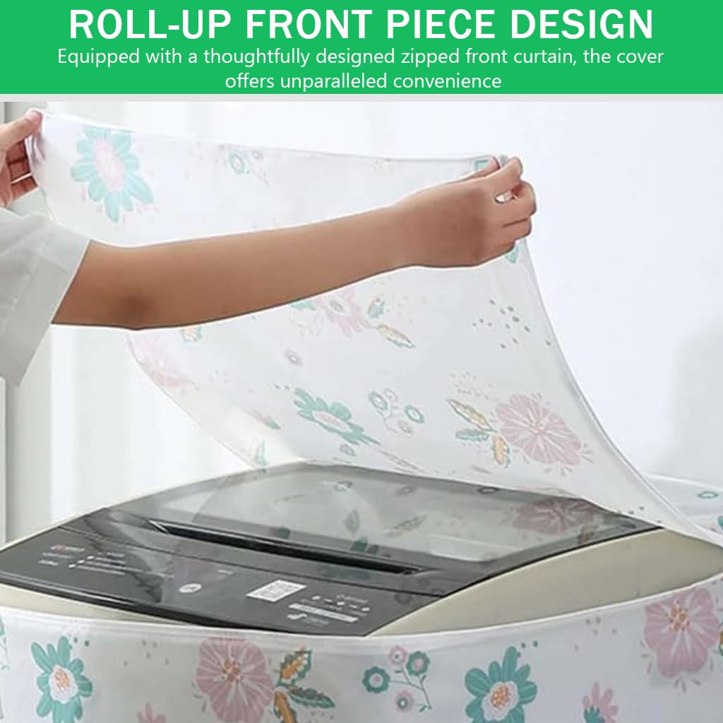 HASTHIP Dust Cover for Household Washing Machine PEVA Dust Cover with Roll-Up Curtain fpr Front-Loading Washer Fashion Floral Print Household Washing Machine Dust Cover