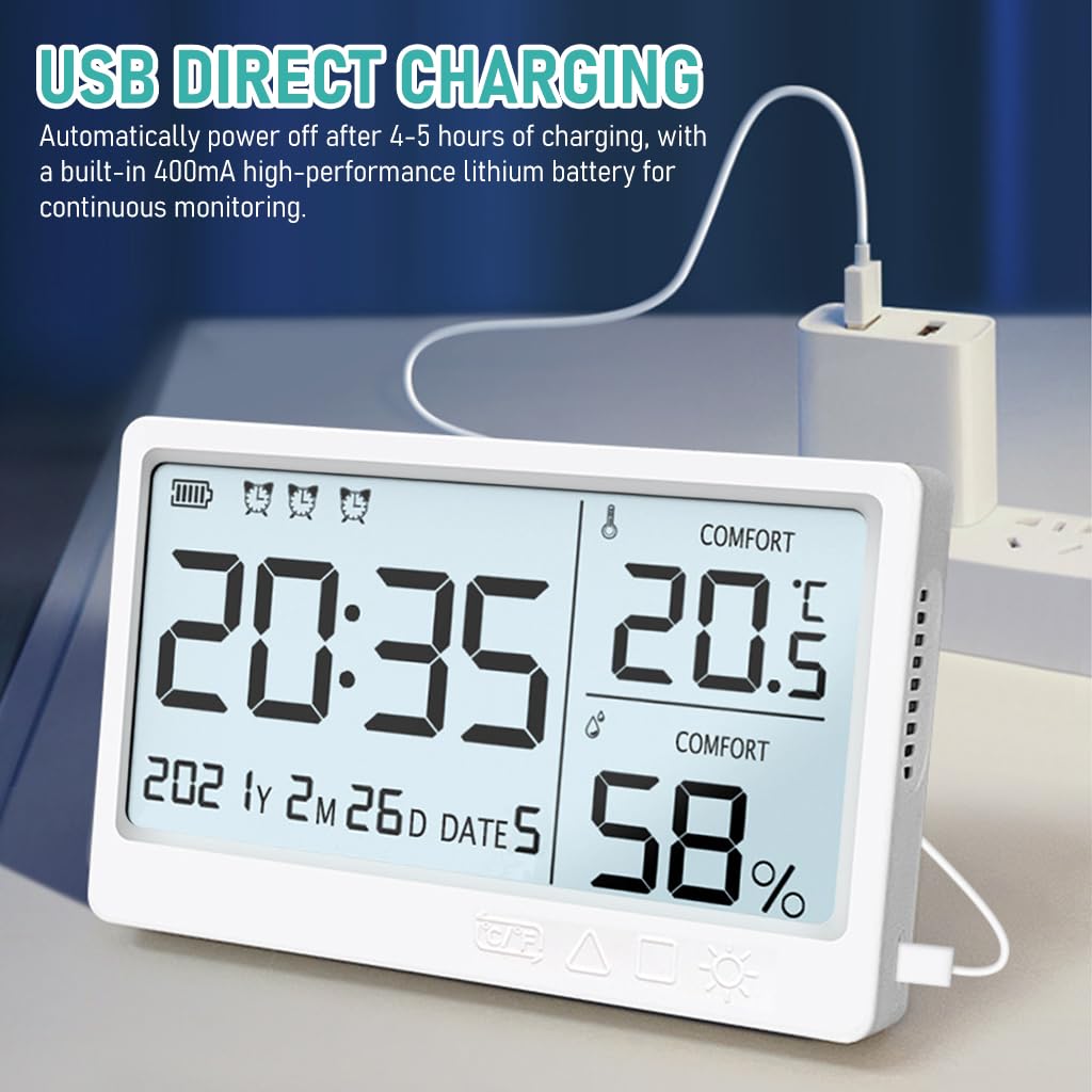 HASTHIP LCD Digital Thermometer Hygrometer Backlight 5'' LCD Digital Temperature USB Rechargeable Hygrometer Gauge Accurate Humidity Meter for Kitchen, Bed Room, Office, Green House