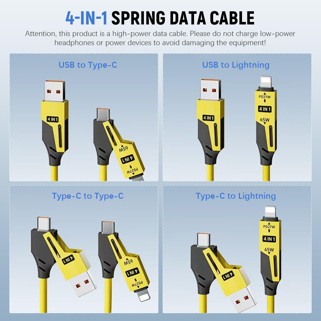 Verilux USB C to USB C Cable for i-Phone 16/15/14/13 PD 65W 4 in 1 Fast Charging Cable with USB A & Light-ing Conector Spring Coiled Travel Charging Cable for Phone, Tablet, More