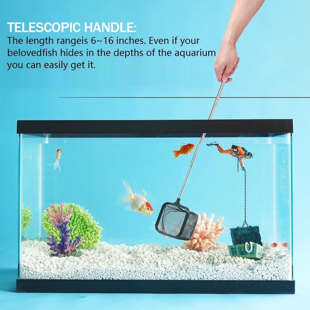 Qpets 18 Inch Small Aquarium Fish Net for Betta Fish Tank Stainless Steel Retractable Handle Design Square Fish Net for Small Fish Tank Betta Fish Tank