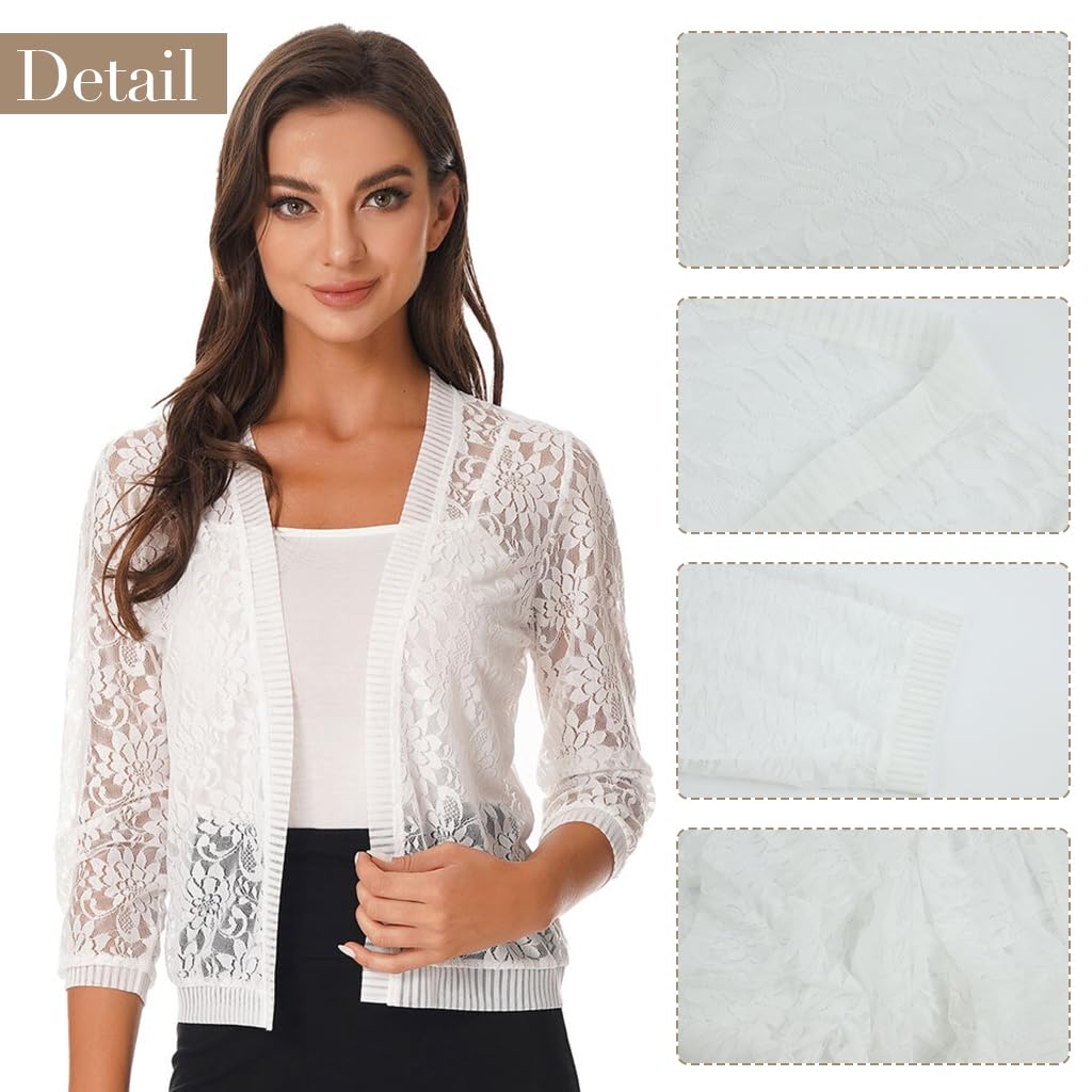 PALAY Womens Casual Summer Lace Cardigan Open Front 3/4 Sleeve Solid Crochet Bolero Jacket Lace Shrug Cover Up